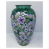 Hand Painted Teal Glass Vase, Signed