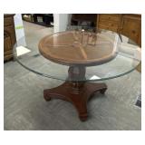 Vintage Round Pedestal Wood and Glass Table