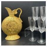 Gold Pitcher with Four Glass Champagne Glasses