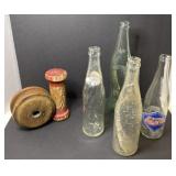 Two Vintage Wooden Bobbins & Four Glass Bottles