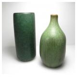2 CERAMIC GREEN GLAZED VASES