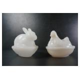 MILK GLASS RABBIT AND HEN ON NEST DISHES