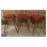 3 MCM RED VINYL UPHOLSTERED STACKING STOOLS