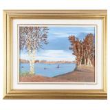 K. O'DONNELL AUTUMN LAKE WITH SAILBOATS