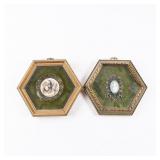 2 PORCELAIN CAMEOS IN OCTAGON GOLD TONE FRAMES