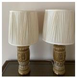 GLAZED CERAMIC POTTERY TABLE LAMPS, PLEATED SHADES