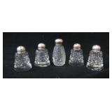 5 GLASS & CRYSTAL SHAKERS W/ SILVER CAPS 7.68g
