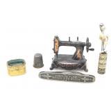 SEWING MINIATURES AND THIMBLE, M.O.P. PINS, BOX