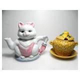 CERAMIC CAT TEAPOT & WEAVED LIDDED JAR