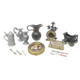 MINIATURE SPOONS, CLOCK, PITCHERS, FRAME ETC.