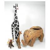 WOODEN GIRRAFES, WICKER ELEPHANT & DONKEY