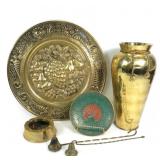 BRASS VASE, WALL PLATE, PEACOCK DISH & ASHTRAY