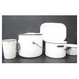 WHITE ENAMEL ASSORTED KITCHEN DISHES/PANS/POTS