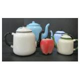 4 ENAMEL TEAPOTS