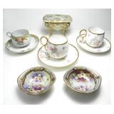 PORCELAIN HANDPAINTED VANITY BOX & 3 COFFEE SETS