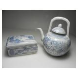 BLUE & WHITE CERAMIC CHINESE TEAPOT & BOX