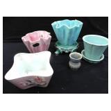COLLECTION OF PINK & AQUA CERAMIC PLANTERS