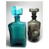 AQUA BLUE & SMOKEY BROWN COLOURED GLASS DECANTERS