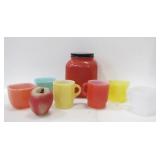 MILK GLASS COFFE/TEA CUPS AND COOKIE JAR