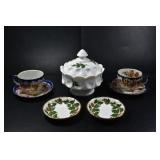 PORCELAIN TEA-WARE AND MILK GLASS CANDY JAR