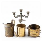 3 BRASS POTS & BRASS CANDELABRA