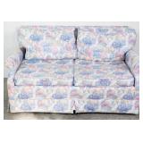 CUSTOM UPHOLSTERED LOVESEAT, DOWN BACK CUSHIONS