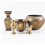 COLLECTION OF BRASS ENGRAVED FLORAL MOTIF VASES