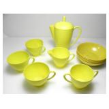 YELLOW MELAMINE 5 TEA CUPS, TEA POT & 5 BOWLS