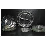 BEADED GLASS BOWL, ETCHED PLATES, & FLOWER FROG