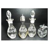 ETCHED GLASS BOTTLES WITH STOPPERS, A SHAKER & JAR