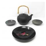 BAMBOO HANDLE TEAPOT W/ 2 DISHES & COUROC BOWL