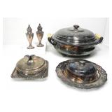 SILVERPLATED SHAKERS & LIDDED SERVING DISHES