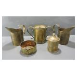 ASSORTED BRASS CONTAINERS, MEASURING JUGS,