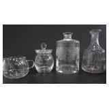 ASSORTED GLASS ROCKS BUCKET, DECANTERS,VASE