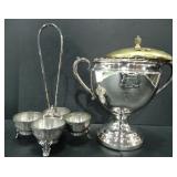 SILVERPLATED TROPHY URN AND CONDIMENT STAND