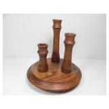 WOOD CARVED 3 CANDLE HOLDERS CENTERPIECE