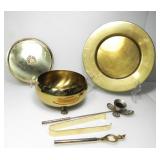 BRASS BOWL, 2 SERVING PLATES & ICE TONGS