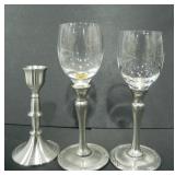 2 PEWTER WINE GLASSES, 1 STAINLESS ST. CANDLESTICK