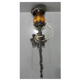 WROUGHT IRON WALL LAMP W/AMBER GLASS SHADE
