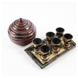 BEEHIVE WOODEN LIDDED JAR & BURMESE LAQUERED SET