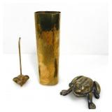 BRASS HAMMERED VASE, LONG TAIL MOUSE & FROG