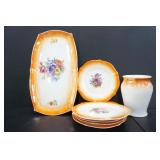 TEA SERVICE TRAY, 5 SAUCERS, VASE ,SUGAR BOWL