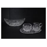 CUT GLASS SUGAR BOWL, CREAMER, AND SERVING PIECES