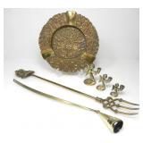 BRASS ASHTRAY, 3 CANDLE HOLDERS, FORK & SNUFFER