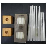 ASSORTED CANDLES AND 2 WOOD CANDLE HOLDERS