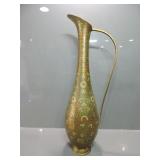 VINTAGE BRASS PITCHER WITH ENAMEL FLORAL DESIGN