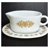 PYREX BUTTERFLY GOLD PATTERN GRAVY BOAT W/ PLATE