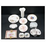 ASSORTED BONE CHINA  SAUCERS, VASE, ASH TRAYS