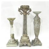 3 SILVER-TONED, GLASS CANDELABRAS