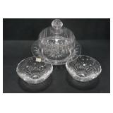 1 GLASS BUTTER DISH WITH LID & 2 BOWLS